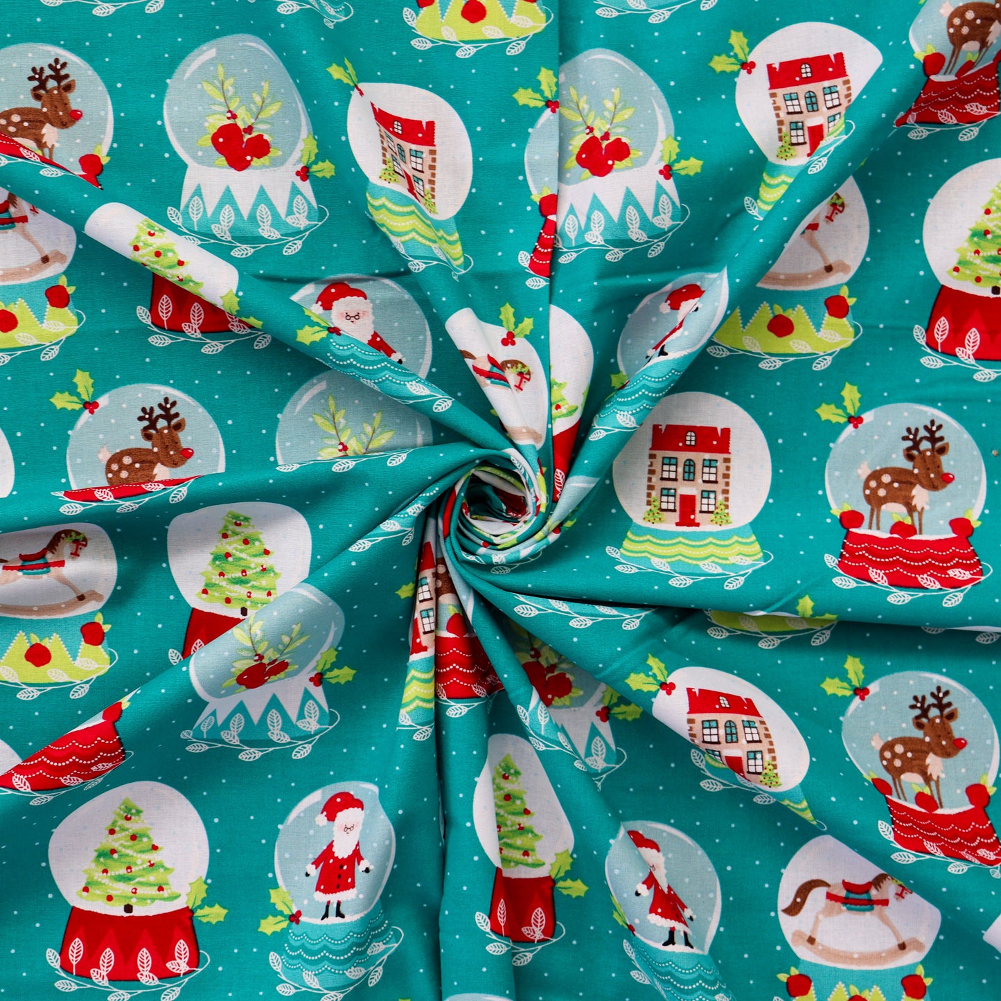 FS1162 Christmas Santa Snowglobes Cotton Fabric Green | Fabric | 100% Cotton, Christmas, Cotton, drape, Fabric, face, fashion fabric, Hat, making, Reindeer, sewing, Sledge, sleigh, Snake, Snow, Snowflake, snowflakes, Snowing, Snowman, Snowmen, Stars, xmas | Fabric Styles