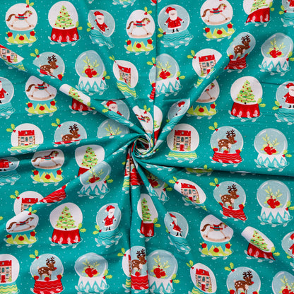 FS1162 Christmas Santa Snowglobes Cotton Fabric Green | Fabric | 100% Cotton, Christmas, Cotton, drape, Fabric, face, fashion fabric, Hat, making, Reindeer, sewing, Sledge, sleigh, Snake, Snow, Snowflake, snowflakes, Snowing, Snowman, Snowmen, Stars, xmas | Fabric Styles