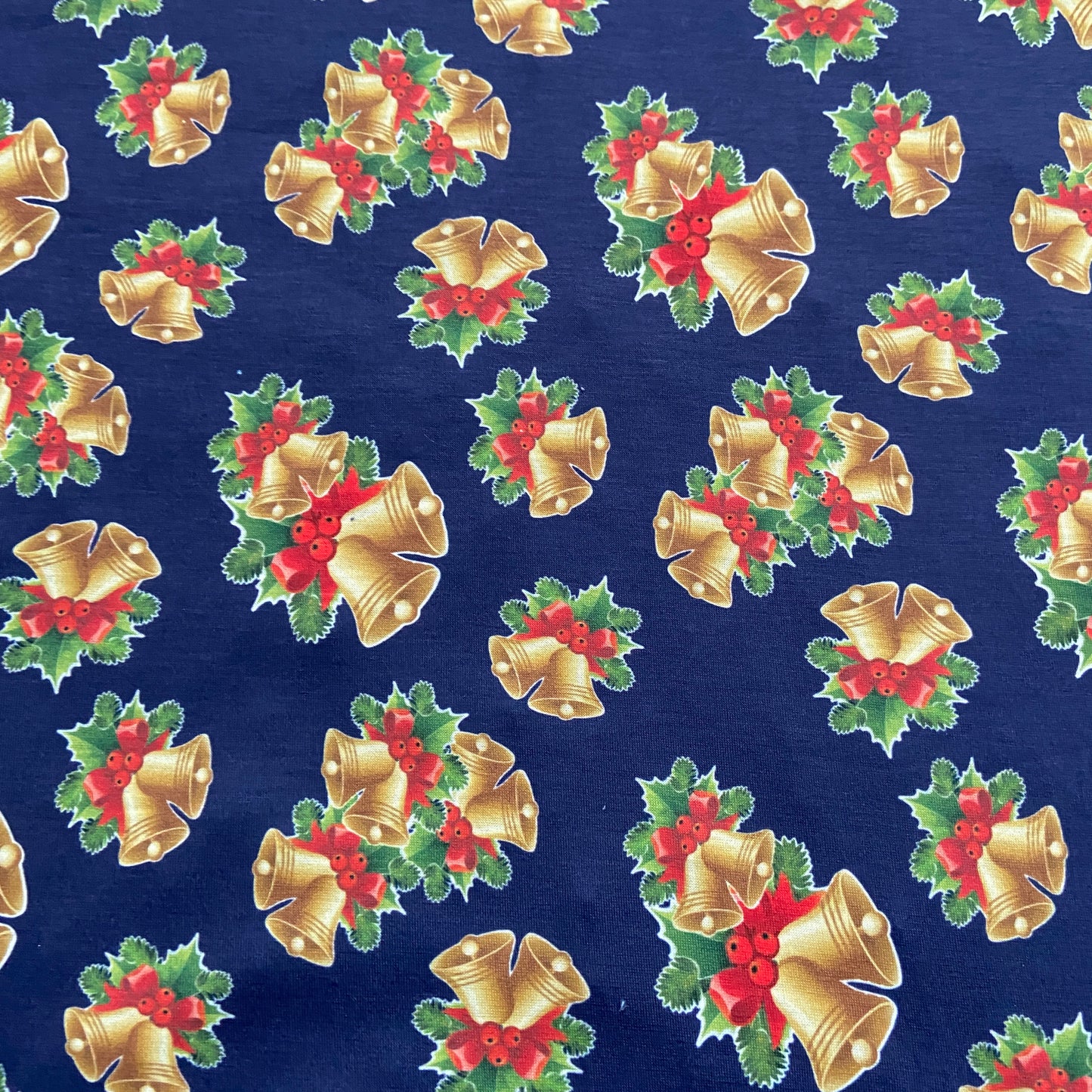 FS694 Christmas Bells Spun Polyester Jersey Knit Stretch Fabric Navy | Fabric | bauble, Baubles, Black, Candy Cane, Candy Stick, Christmas, christmas tree, Fabric, Gingerbread, Gold, Navy, sale, Santa, Spun Polyester, Spun Polyester Elastane, Star, xmas | Fabric Styles