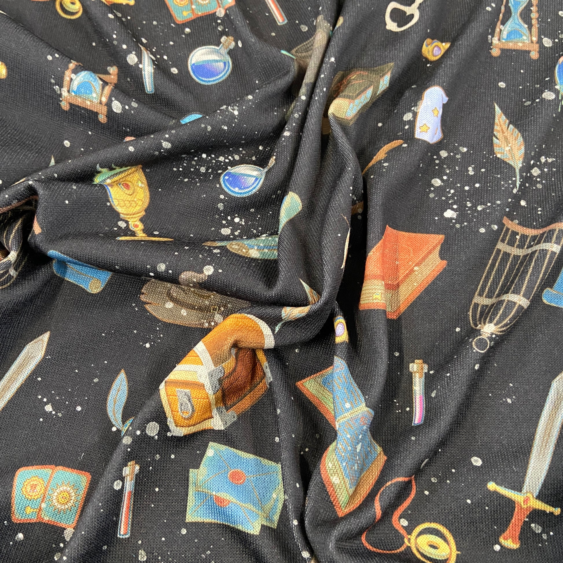 FS707 Mystery Potions Jersey Knitwear Stretch Fabric Blue Black Red | Fabric | blue, broom, Children, drape, elastane, Fabric, fashion fabric, FS707_1, FS707_2, FS707_3, Halloween, Harry, Harry Potter, jersey, Kids, Knit, Knitwear, Loungewear, making, Pink, Polyester, Potions, Potter, Red, Sale, sewing, Skirt, Stretchy | Fabric Styles