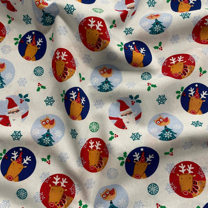 FS861 Christmas Santa & Reindeer Christmas Cotton Fabric White | Fabric | blue, celebration, Christmas, Christmas Tree, Cotton, drape, Dream, Fabric, fashion fabric, Festive, House, Light blue, making, Sale, sewing, Ski, Skirt, Snow, Snowflake, tree, Xmas | Fabric Styles