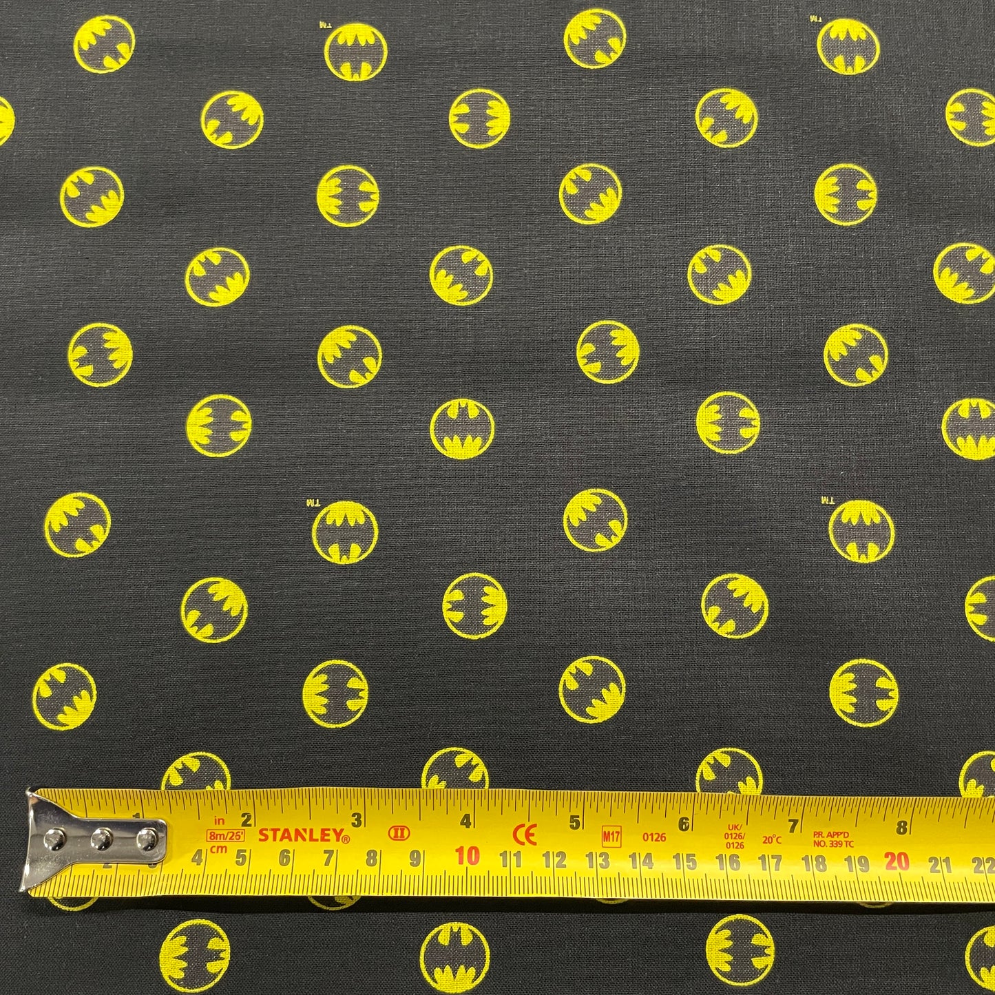 FS636_8 Small Batman Logo Black Cotton | Fabric | Batman, Blue, Brand, Branded, Children, comic, comics, Cotton, Cotton SALE, dc, drape, Fabric, fashion fabric, hero, Kids, Light blue, logo, making, Pencil, superhero | Fabric Styles