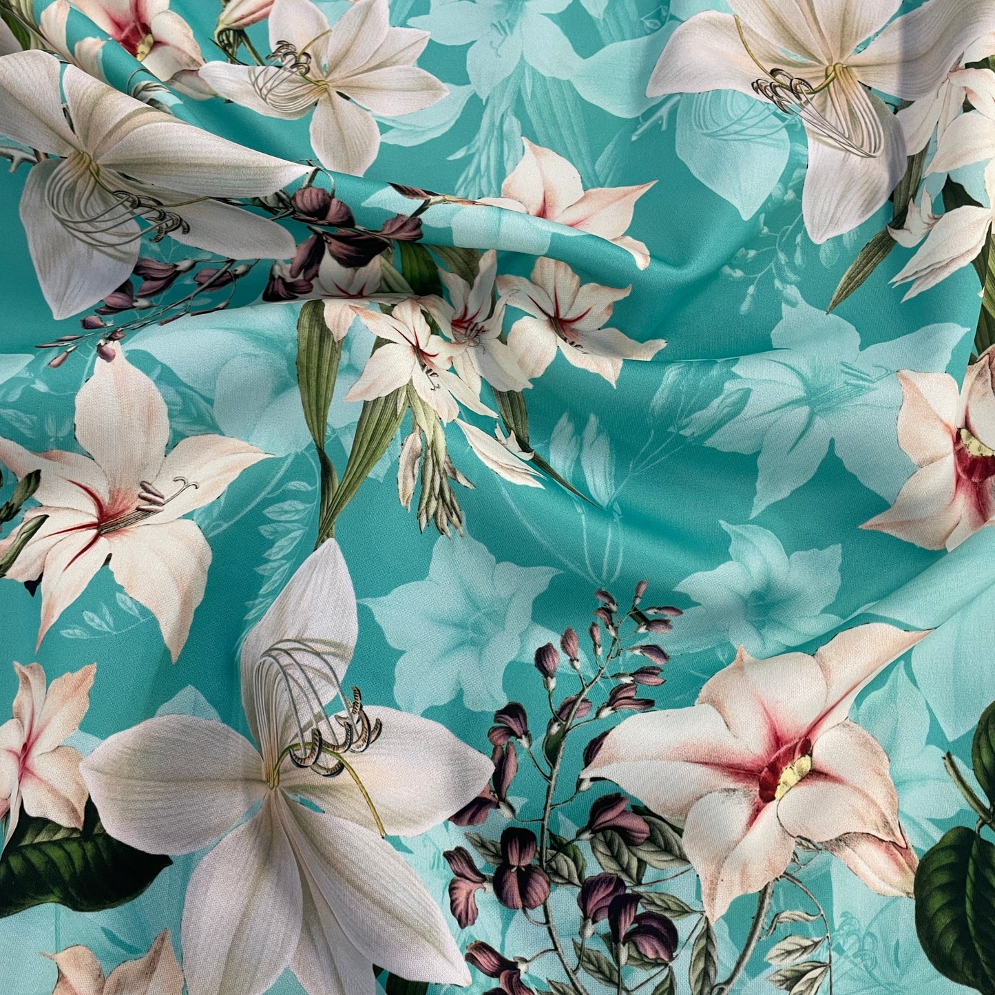 FS314 Lily Amaryllis Floral | Fabric | Amaryllis, Fabric, Floral, Flower, Flowers, Leaf, Leaves, Light, Lily, Oriental Lily, Pearl, Peony, Pink, Purple, Scuba, Summer, White | Fabric Styles