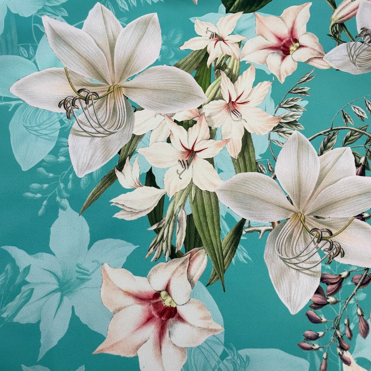 FS314 Lily Amaryllis Floral | Fabric | Amaryllis, Fabric, Floral, Flower, Flowers, Leaf, Leaves, Light, Lily, Oriental Lily, Pearl, Peony, Pink, Purple, Scuba, Summer, White | Fabric Styles