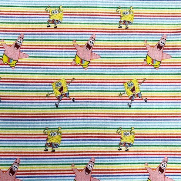 FS889_1 Sponge Bob Rainbow Stripe Cotton | Fabric | Bob, Brand, Branded, Cartoon, Cartoon Network, Children, comic, comics, Cotton, Fabric, fashion fabric, hero, Kids, Light blue, logo, making, nickelodeon, Pants, Pop, Rainbow, Sponge, Sponge Bob, Square | Fabric Styles