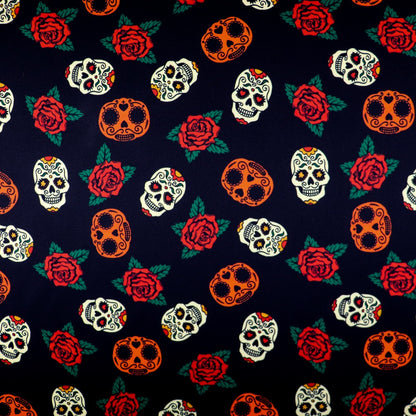 FS550 Skulls Rose Scuba Stretch Knit Fabric Black | Fabric | Bones, check, Fabric, fashion fabric, Floral, Floral Leopard, Flower, Flowers, Halloween, Red Roses, Rose, Roses, Scuba, Skull, Skulls | Fabric Styles