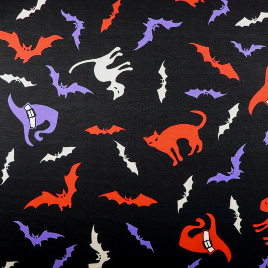 FS712 Halloween Cats and Bats Spun Polyester Jersey Knit Stretch Fabric Black | Fabric | Bat, Bats, Cat, Cats, Fabric, Ghost, Halloween, HalloweenBulk, Hat, Haunted, Pumpkin, Scary, Skull, Skulls, spider, Spun Polyester, Spun Polyester Elastane, Teeth, Vampire, Web, Webs, Witch Hat | Fabric Styles