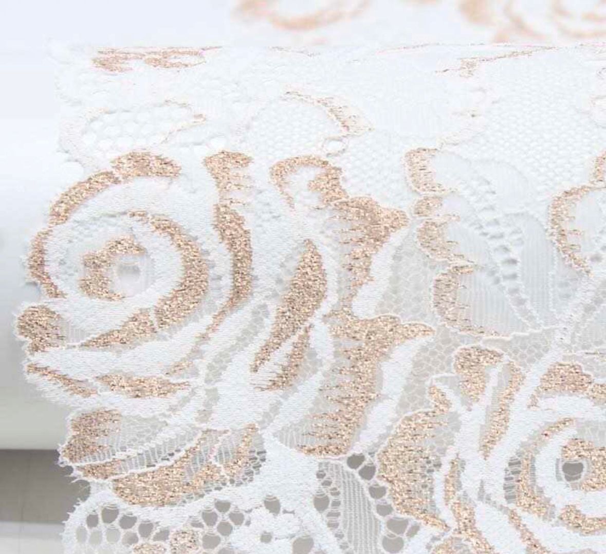 FS1144 White Gold Floral Stretch Lace Mesh Trim Fabric Styles