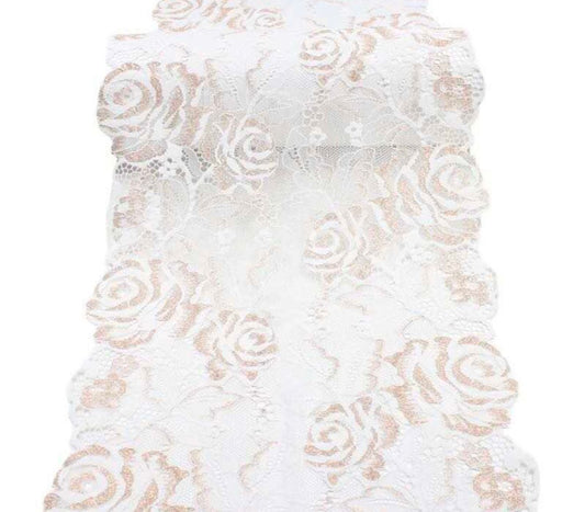 FS1144 White & Gold Floral Stretch Lace Mesh Trim | drape, Elastic, fashion fabric, glitter, gold, haberdashery, Lace, making, Purple, rose, sewing, trimming, trimmings, white | Fabric Styles