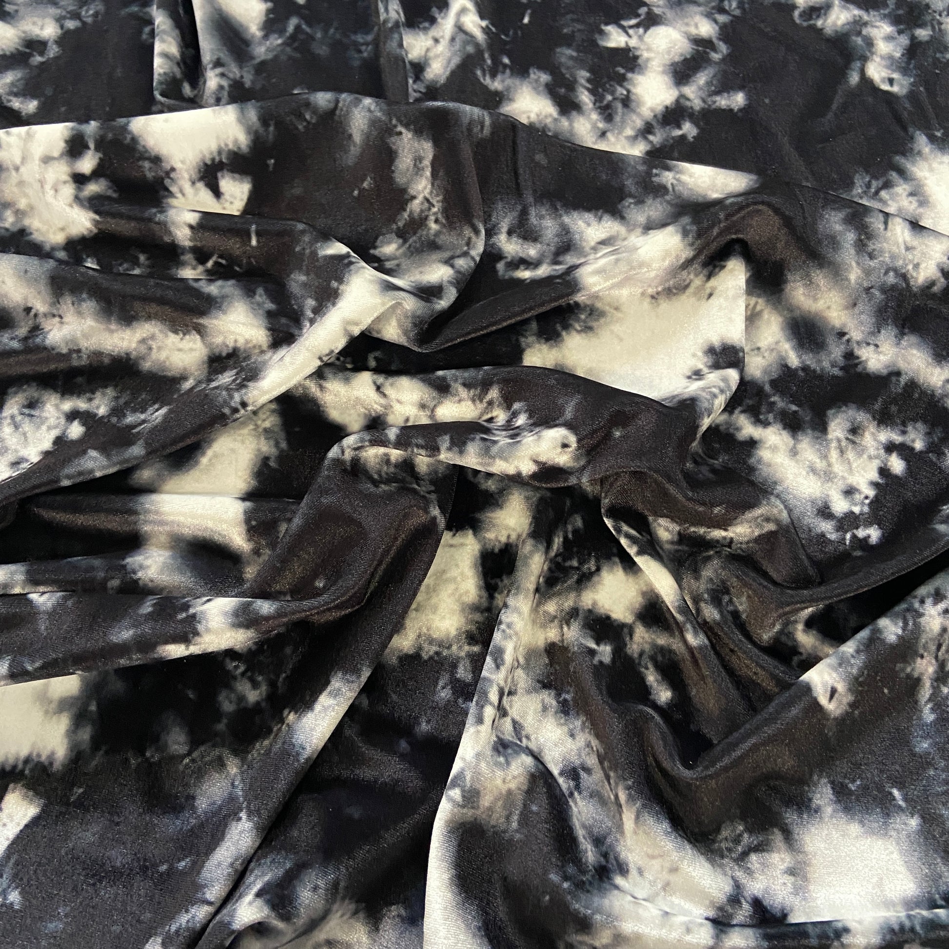 FS822 Tie Dye Velvet Stretch Knit Fabric Black | Fabric | candyfloss, drape, Dress making, Fabric, fashion fabric, jersey, making, Polyester, sewing, Stretch, Stretchy, Tie Dye, Velvet | Fabric Styles