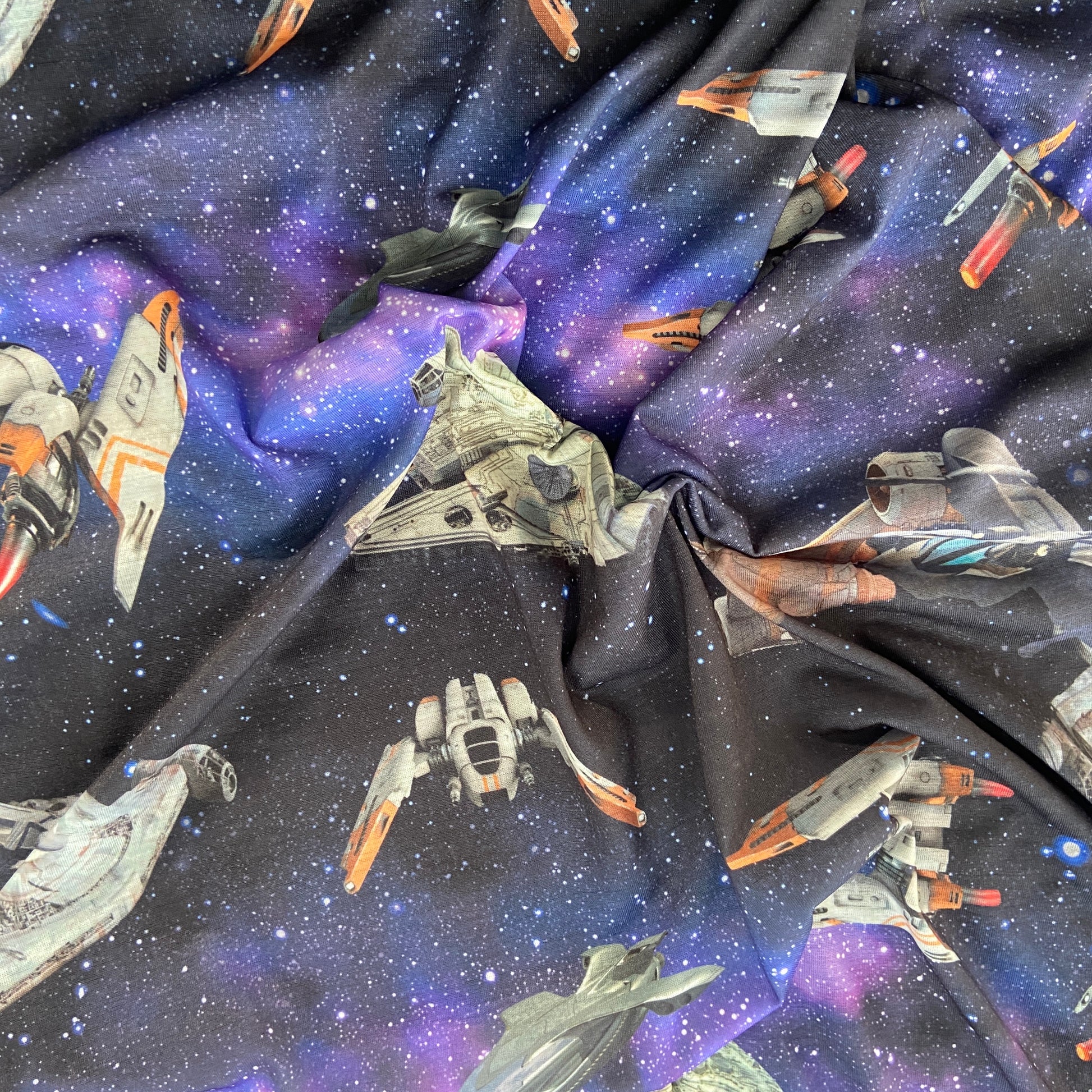 FS794 Galaxy Spaceship | Fabric | Children, drape, Fabric, fashion fabric, Galaxy, jersey, Kids, making, sale, sewing, Spaceship, spun polyester, Spun Polyester Elastane, stretch, Stretchy, Tie Dye | Fabric Styles