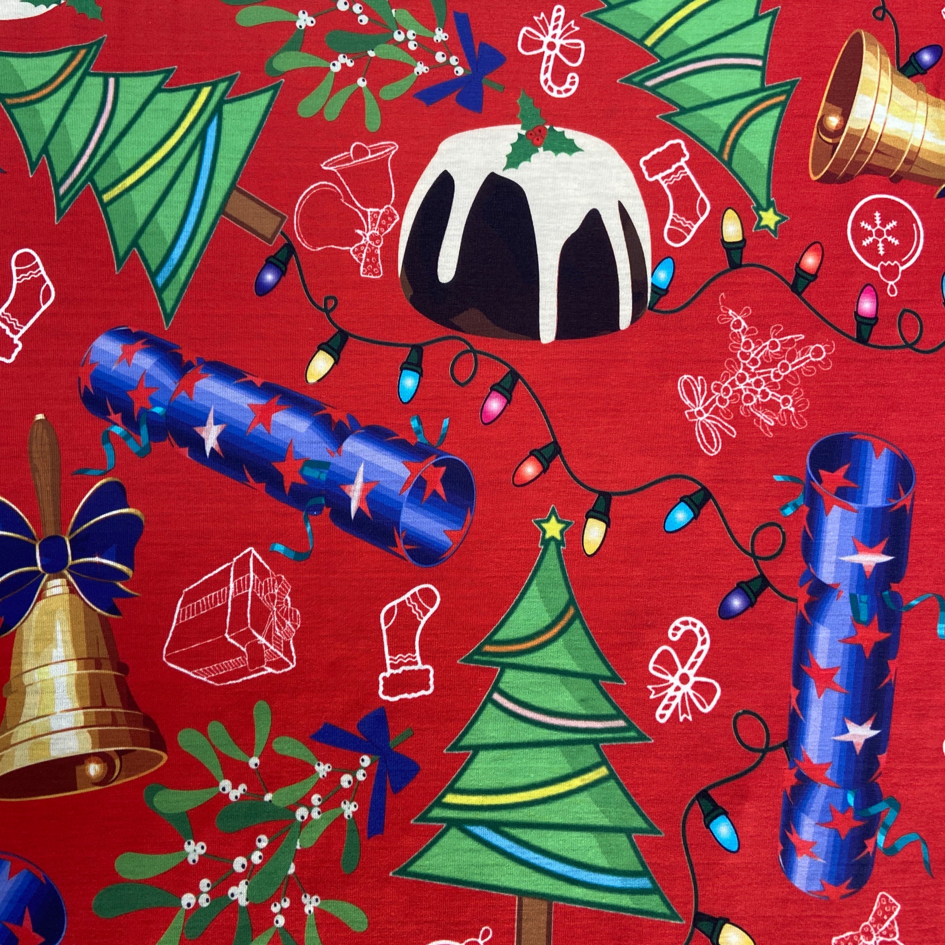 FS778 Christmas Pudding Spun Polyester Jersey Knit Stretch Fabric Red | Fabric | bauble, Baubles, Black, Candy Cane, Candy Stick, Christmas, christmas tree, Fabric, Gingerbread, Santa, Spun Polyester, Spun Polyester Elastane, Star, xmas | Fabric Styles