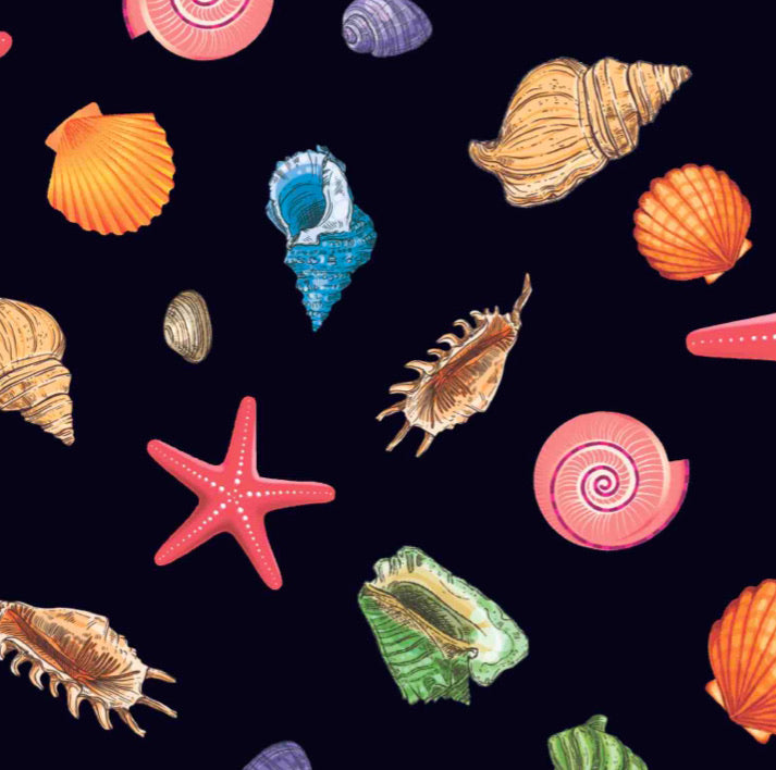 FS948_1 Starfish Shells | Fabric | animal, black, Children, Fabric, fashion fabric, fish, jersey, Kids, Purple, scuba, sewing, shell, shells, star, Starfish, stretch | Fabric Styles