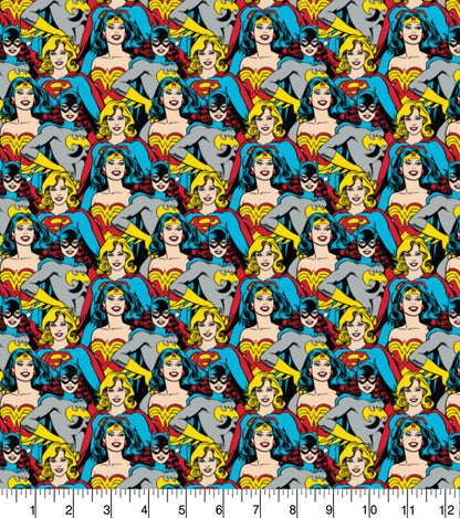 FS783_4 Heroines Stacked DC | Fabric | batman, Blue, Brand, Branded, Children, comic, comics, Cotton, Cotton SALE, dc, drape, Fabric, fashion fabric, flash, hero, Kids, Light blue, logo, making, man, Navy, super, superhero, Superman | Fabric Styles