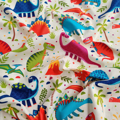 FS621 Dino World Cotton Fabric Cream | Fabric | Animal, Black, blue, Children, Cotton, Cotton SALE, Cream, Denim, Dino, dinosaur, drape, Fabric, fashion fabric, Kids, Light blue, making, sewing, Skirt, Yellow | Fabric Styles