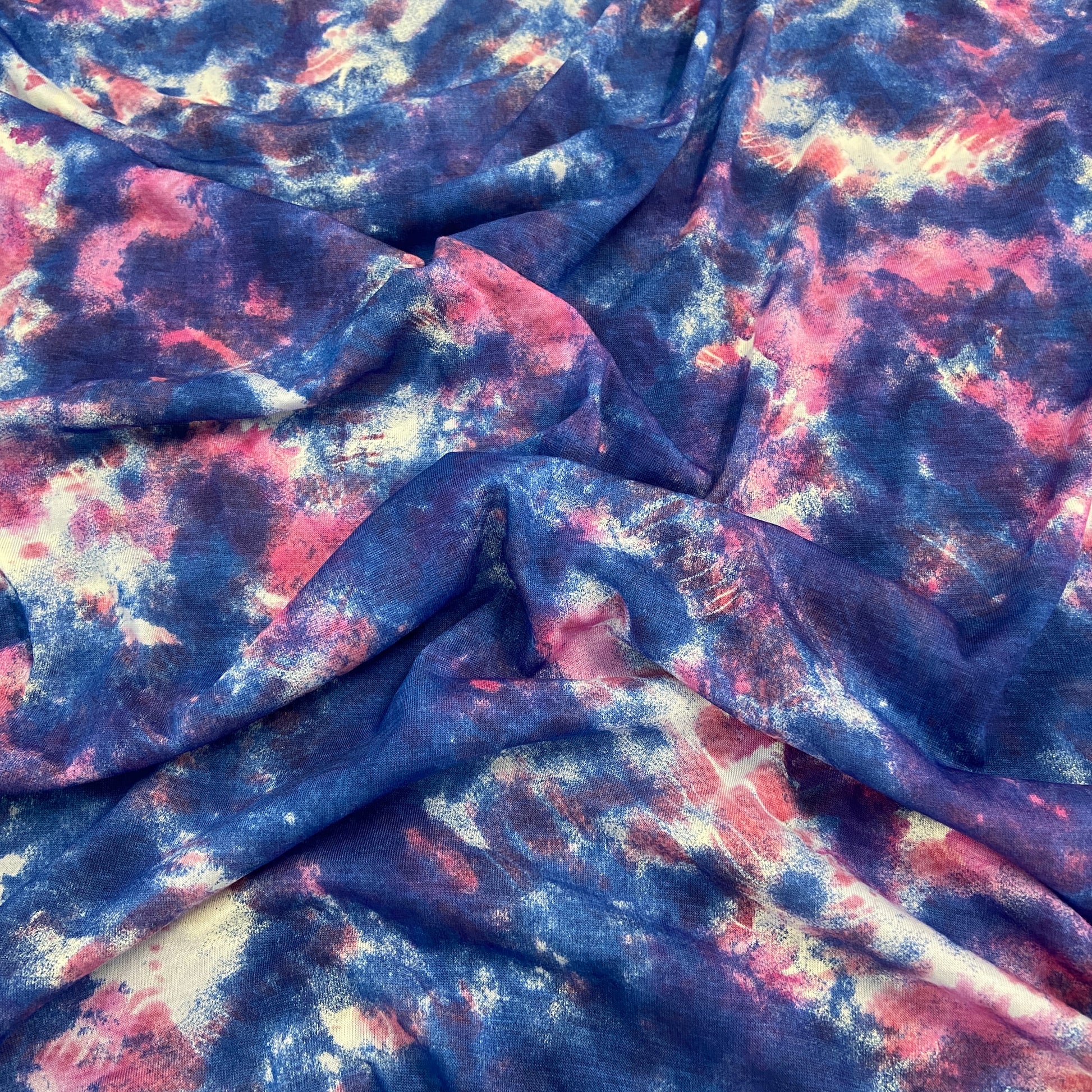 FS676 Blue Tie Dye | Fabric | Blue, drape, elastane, Fabric, fashion fabric, jersey, making, mono chrome, Pastel, Pink, SALE, sewing, stretch, Stretchy, Tie Dye, Viscose, Viscose Elastane, Water Colour | Fabric Styles