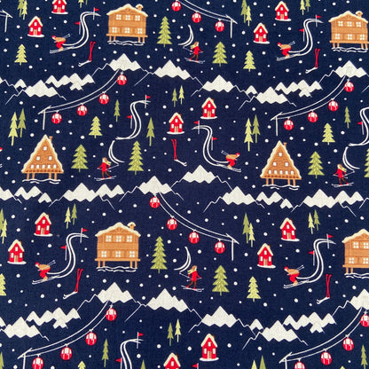 FS683 Ski Resort Scene Navy | Fabric | blue, celebration, Christmas, Christmas Tree, Cotton, drape, Dream, Fabric, fashion fabric, Festive, House, Light blue, making, sewing, Ski, Skirt, Snow, Snowflake, tree, Xmas | Fabric Styles