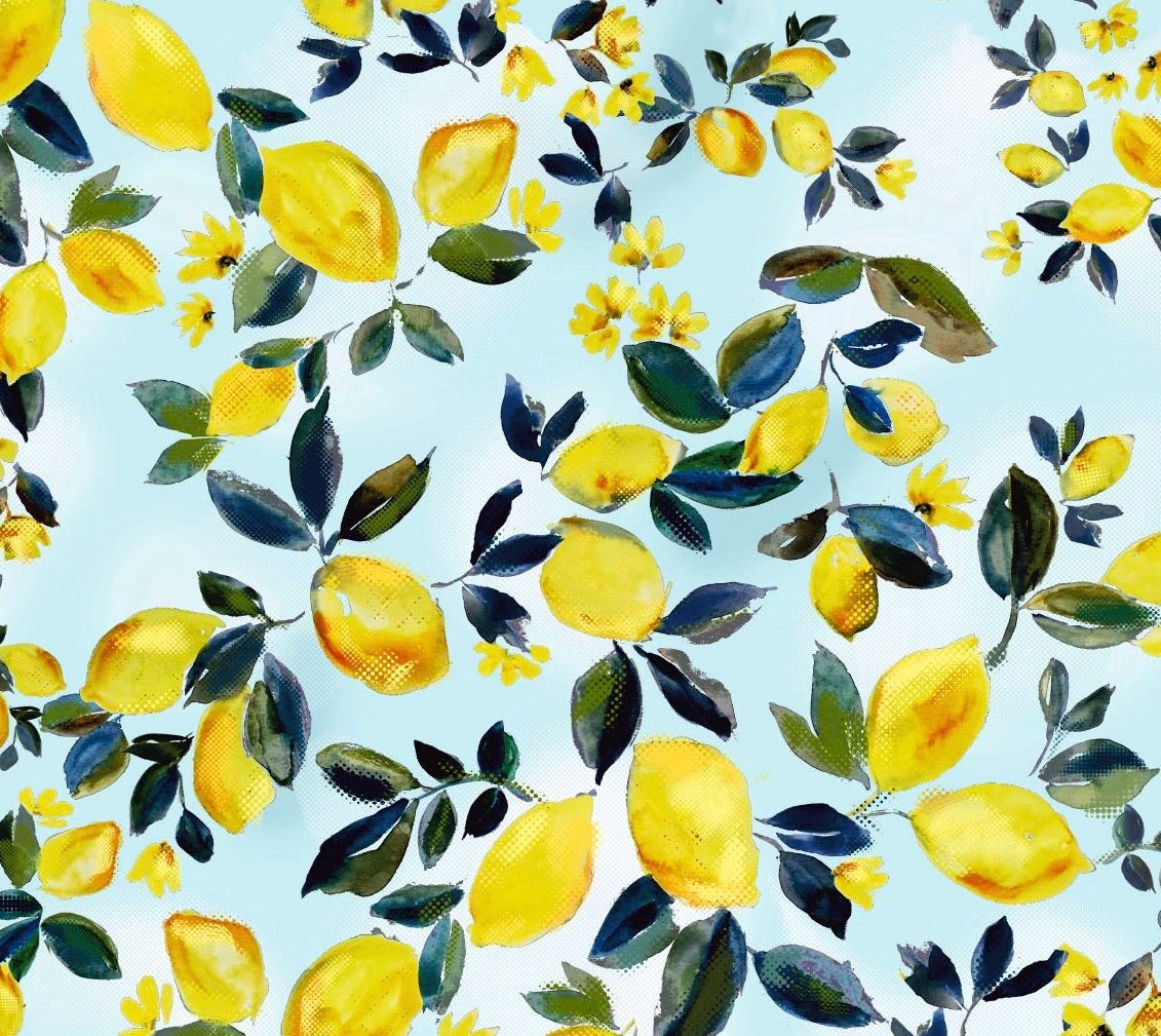 FS294 Amalfi Lemons | Fabric | Black, Blue, elastane, Fabric, fashion fabric, Floral, Fruit, Fruits, Garden, jersey, Leaf, Lemon, Lemons, Light, making, Mint, Polyester, Scuba, sewing, Skirt, Stretchy, Summer, Yellow | Fabric Styles