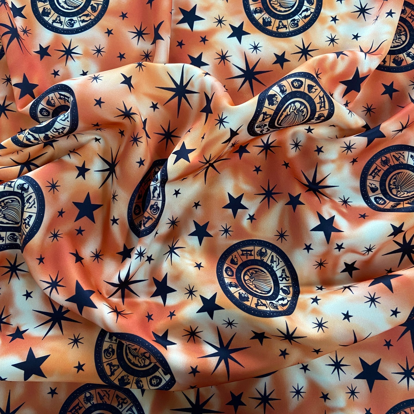 FS581 Galaxy Zodiac | Fabric | Animal, blue, drape, elastane, Fabric, fashion fabric, FS581, Galaxy, jersey, making, Olive, Orange, Polyester, Purple, Sale, scuba, sewing, Skirt, stars, Stretchy, Tie Dye | Fabric Styles