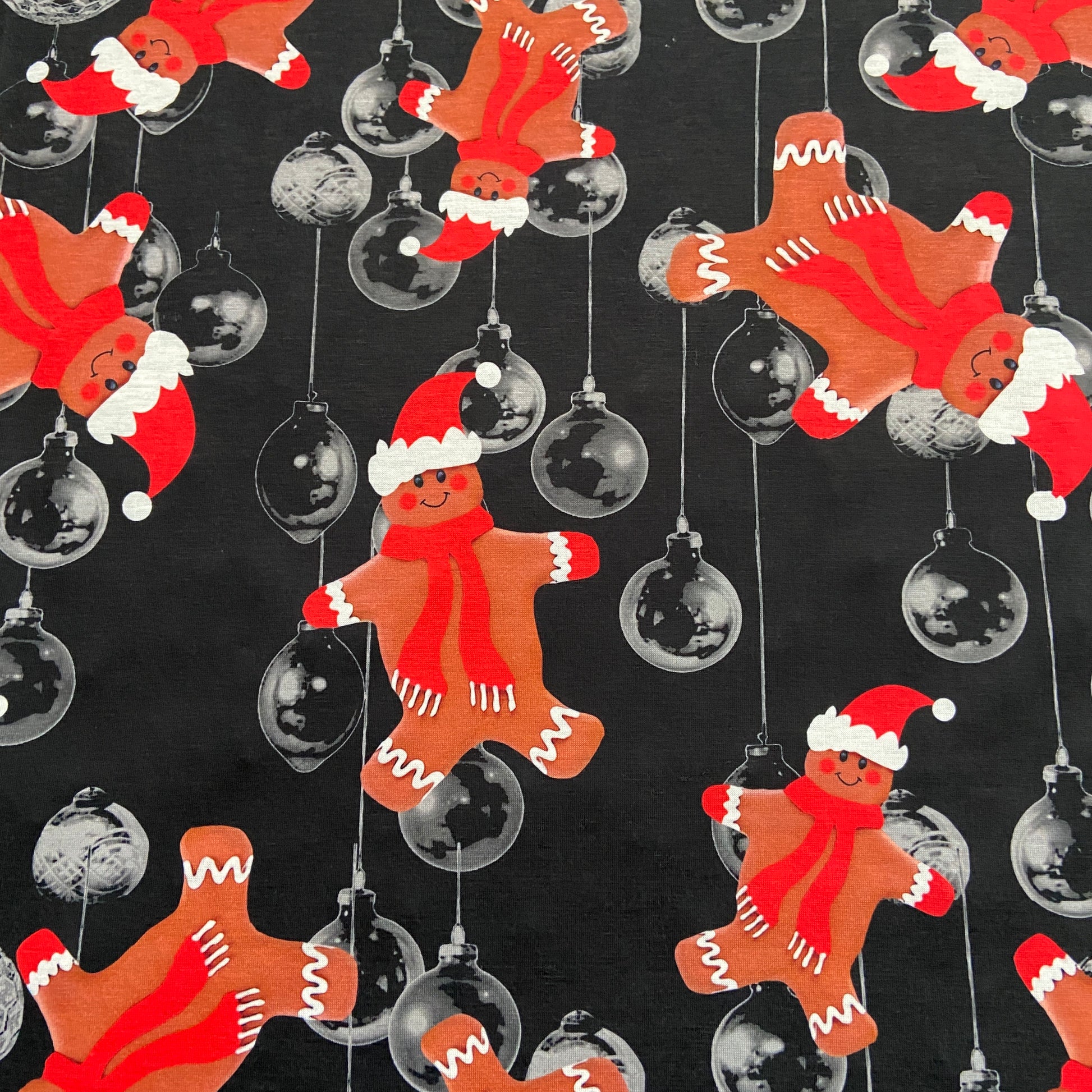 FS692 Christmas Gingerbread Spun Polyester Jersey Knit Stretch Fabric Black | Fabric | bauble, Baubles, Black, Candy Cane, Candy Stick, Christmas, christmas tree, Fabric, Gingerbread, Gold, Navy, Santa, Spun Polyester, Spun Polyester Elastane, Star, xmas | Fabric Styles