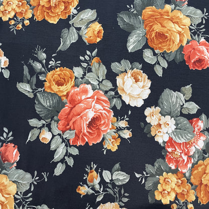 FS970 Floral Stretch Knit Fabric Black | Fabric | blue, broom, Children, drape, elastane, Fabric, fashion fabric, Floral, Flower, jersey, Kids, Knit, Knitwear, Loungewear, making, Pink, Polyester, Potions, Potter, sale, sewing, Skirt, Stretchy | Fabric Styles