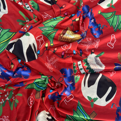 FS778 Christmas Pudding Spun Polyester Jersey Knit Stretch Fabric Red | Fabric | bauble, Baubles, Black, Candy Cane, Candy Stick, Christmas, christmas tree, Fabric, Gingerbread, Santa, Spun Polyester, Spun Polyester Elastane, Star, xmas | Fabric Styles