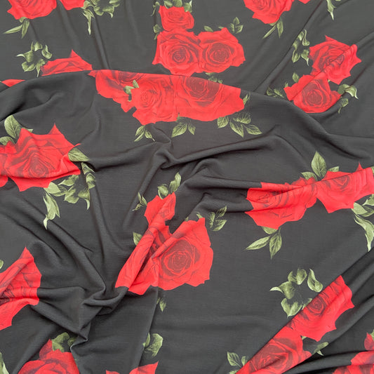 FS564 Rosey Red  ITY Silky Stretch Knit Fabric Black | Fabric | drape, Dress Fabric, Dress making, Dressmaking Fabric, Fabric, fashion fabric, Floral, ITY, making, Pink, Polyester, sale, sewing | Fabric Styles