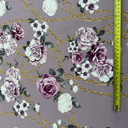 FS1175 Judana Chain Floral Print Scuba Stretch Knit Fabric | Fabric | black, fabric, fashion, fashion fabric, floral, Flower, flowers, New, petals, Purple, scuba, scuba fabric, Small Flowers, Stretch, Stretchy | Fabric Styles