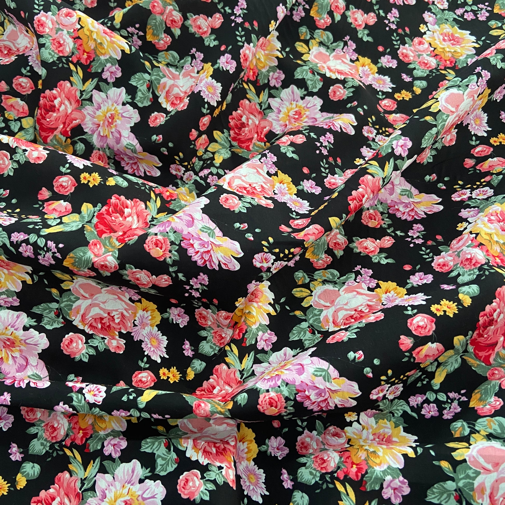 FS818_3 Black Floral Cotton Poplin | Fabric | Button, Buttons, Cotton, Cotton Poplin, drape, Fabric, fashion fabric, Floral, Flower, Kids, making, Rose, Roses, Sale, sewing, Skirt | Fabric Styles