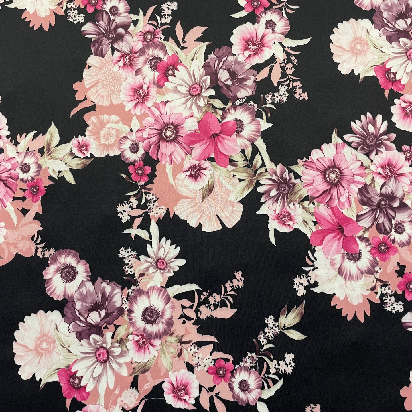 FS100_3 Floral Scuba Stretch Knit Fabric Black | Fabric | fabric, Floral, jersey, Purple, sale, scuba, stretch | Fabric Styles