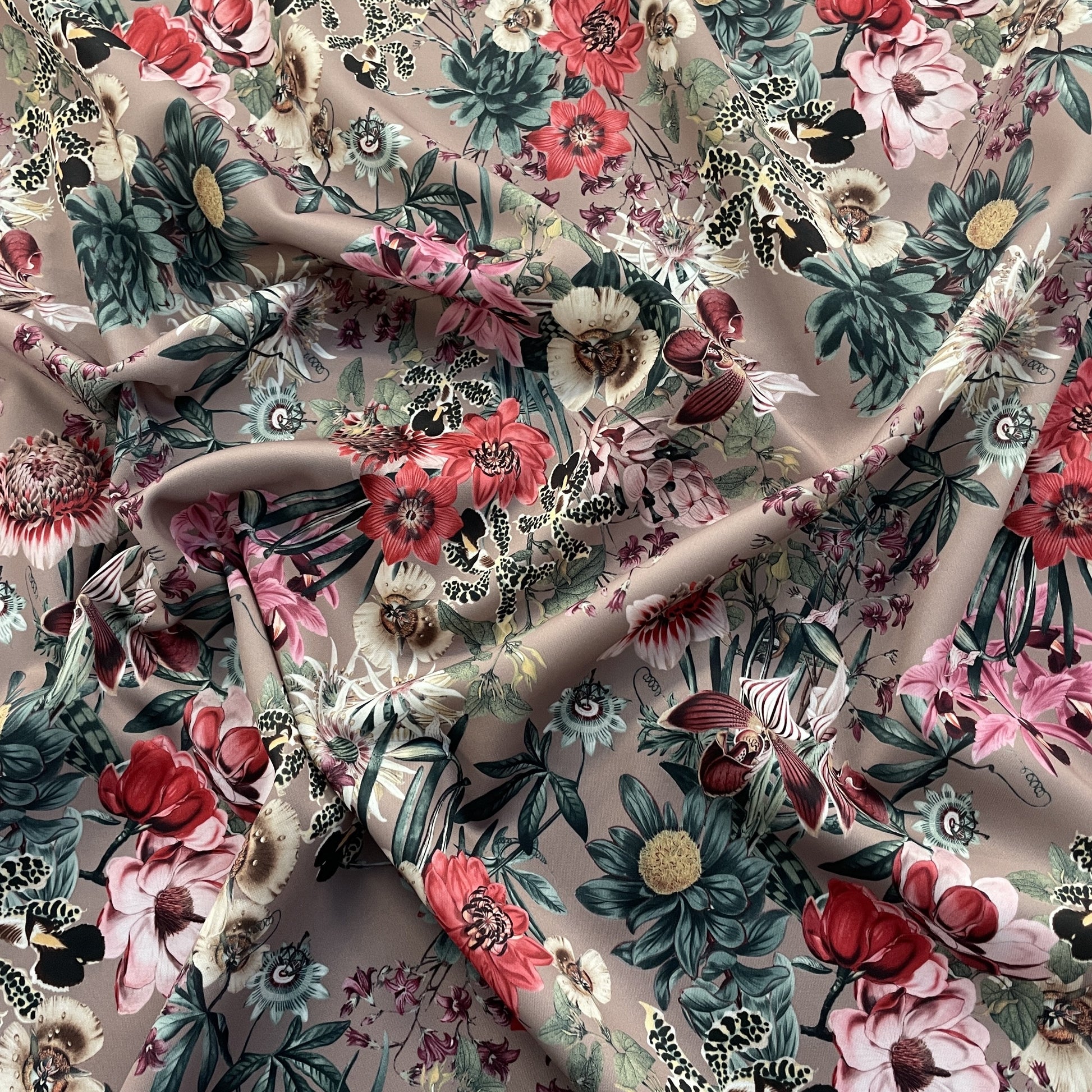 FS833 Mocca Floral | Fabric | fabric, Flower, jersey, Mink, Mocca, scuba, stretch, Taupe | Fabric Styles