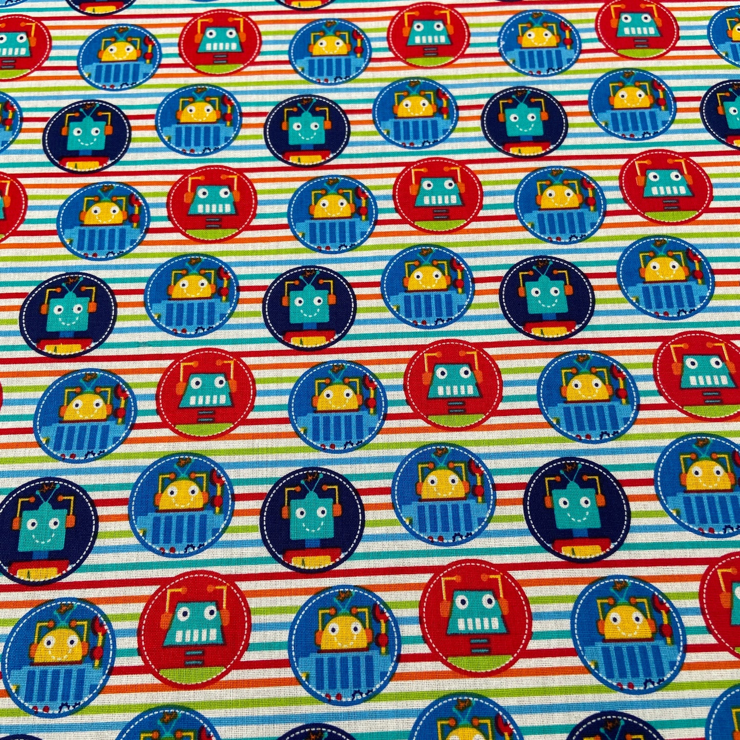 FS680 Stripe Robot Dreams Cotton Fabric Multicolour | Fabric | blue, celebration, children's, Cotton, Denim, drape, Dream, Fabric, fashion fabric, grey, kid, kids, Light blue, making, Robot, Robot Dream, Robot Dreams, rugby, sewing, Skirt, sports, Sports day | Fabric Styles